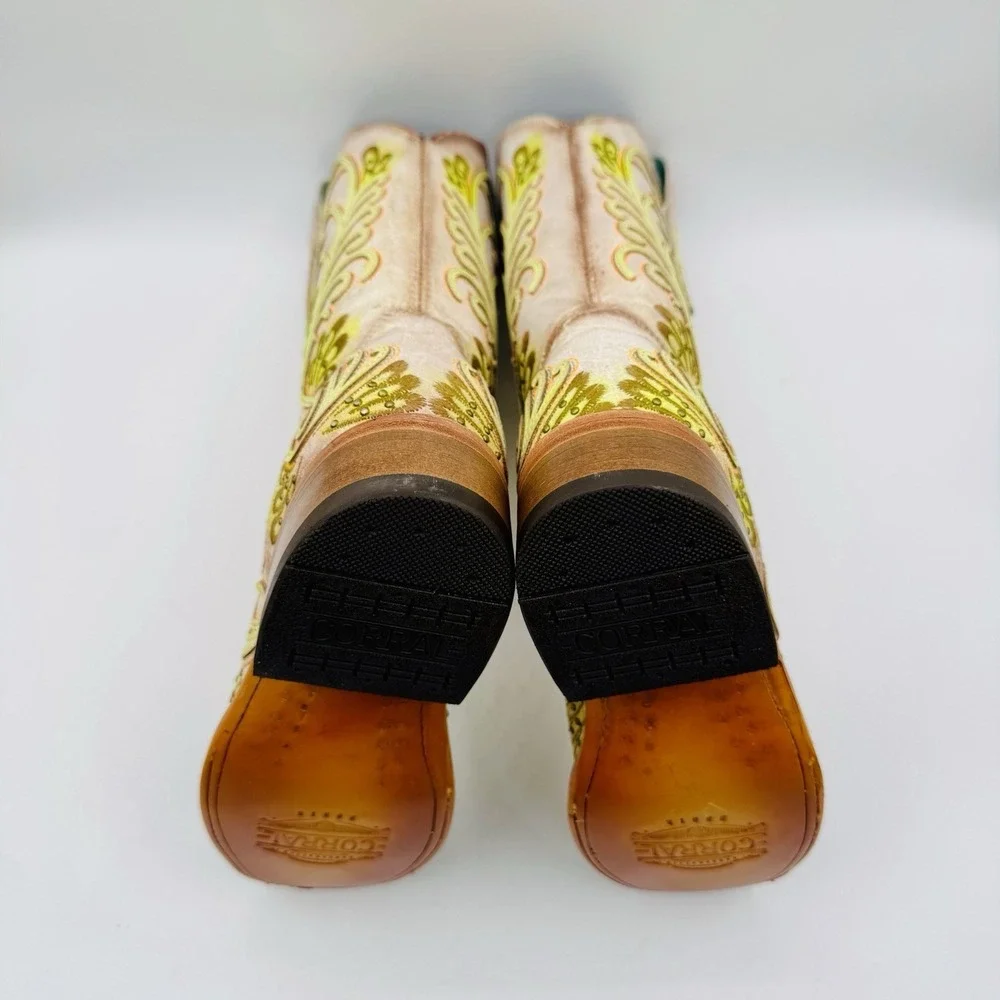 Corral Studded Boots Women's Size 6 M White Floral Green Leather Square Toe‎